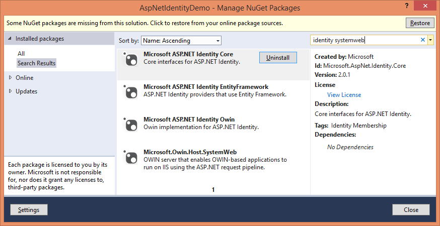 Manage NuGet Packages 