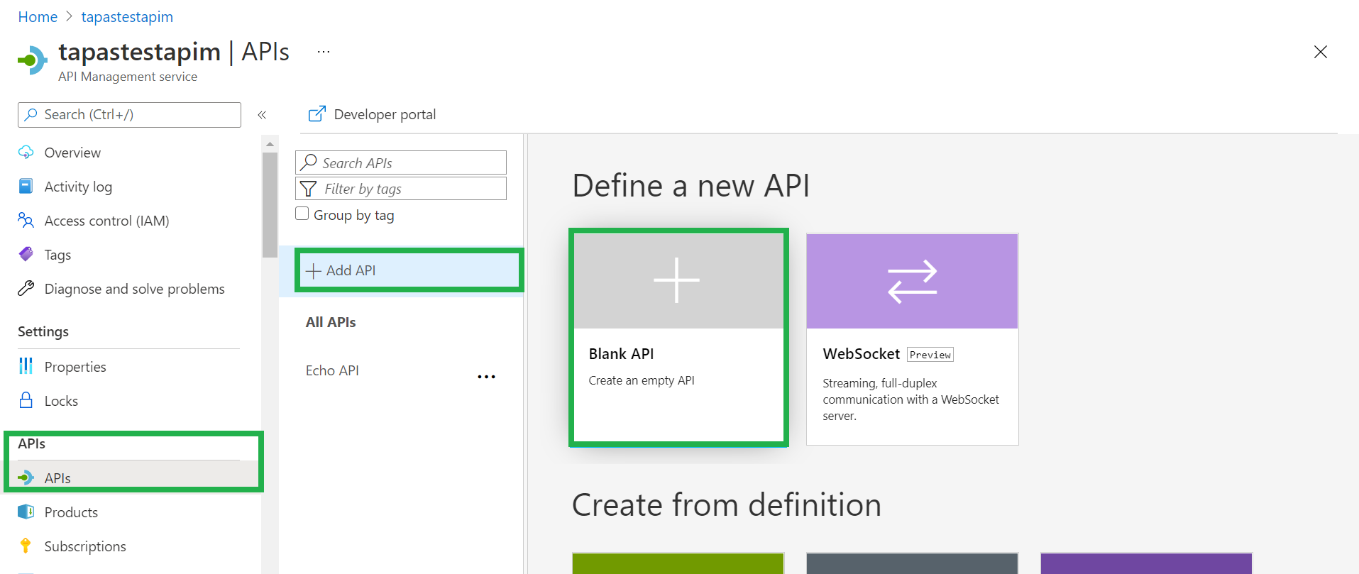How to create a blank API in Azure