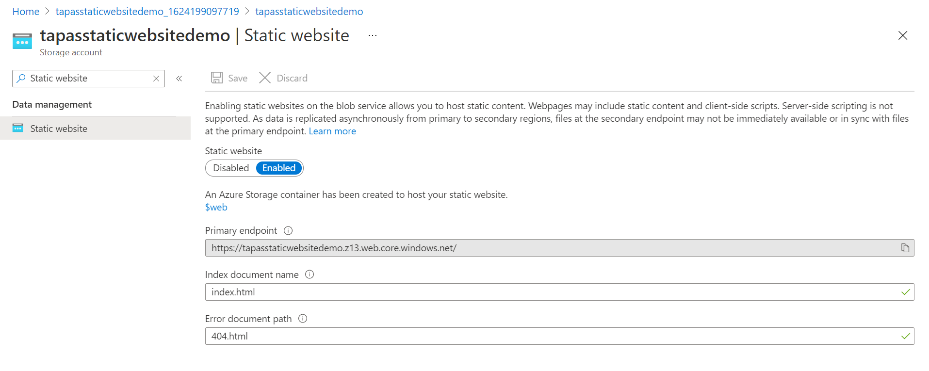 Static Web Hosting in Azure Enabled