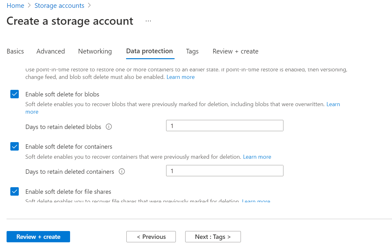 How to Create Azure Storage Data Protection Settings