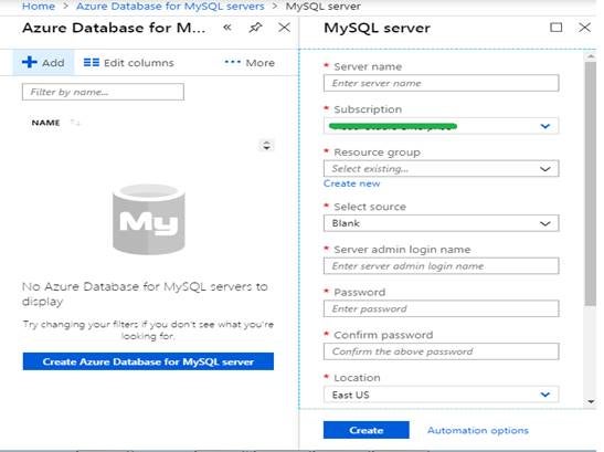 Azure MySQL Database Creation