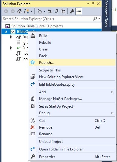 Selecting to Publish the Azure Function in Visual Studio