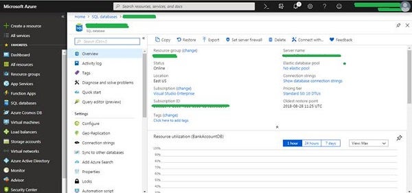 Azure SQL Database Created in Azure Portal