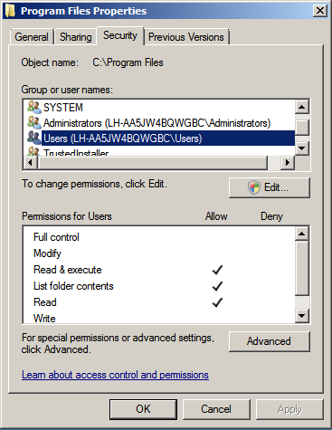 lista de control de acceso al programa de Windows