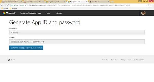 Bing Bot Generate Application ID and Password