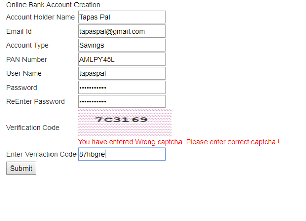 Bank Account Registration Page with Captcha