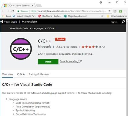 The Marketplace listing for the C++ Extension