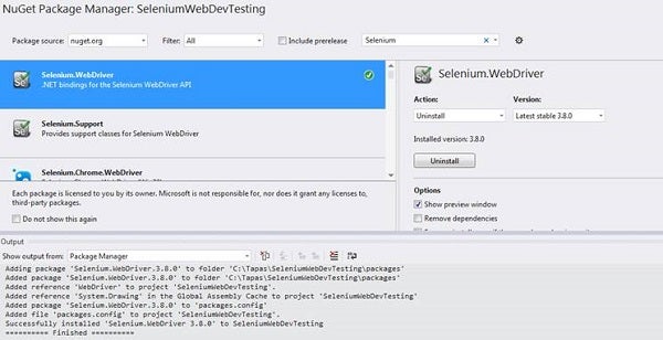Visual Studio Selenium.WebDriver Installed