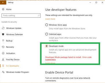 Windows settings developer mode