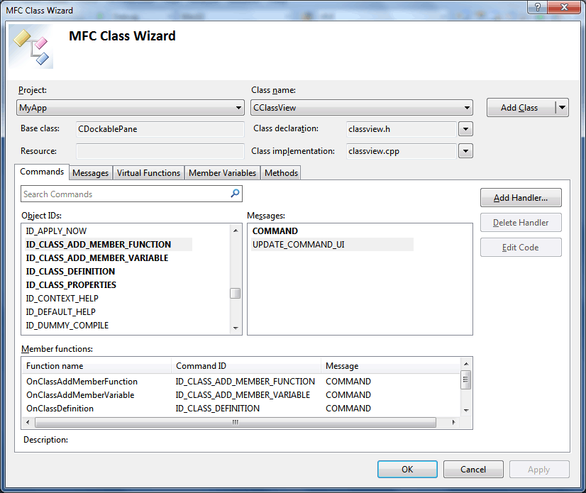 Visual C++ Class Wizard - MFC Command Tab