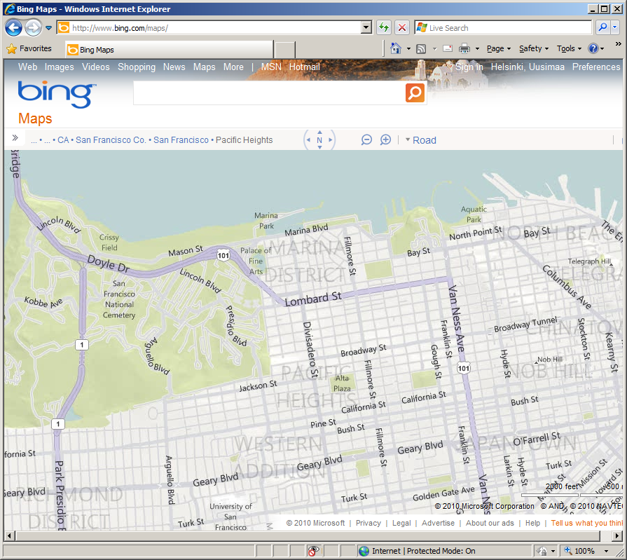 A Bing map on the web browser