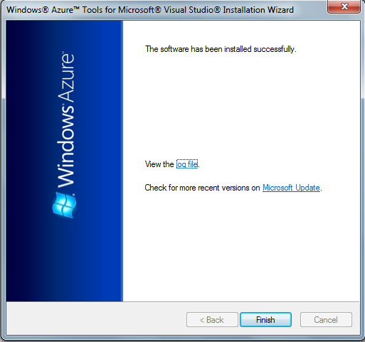 installation of Microsoft Azure Tools for Visual Studio 2010 is complete screen