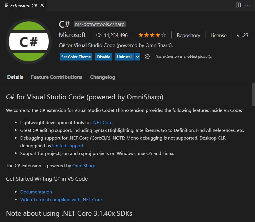 Visual Studio Code IDE C# Installed