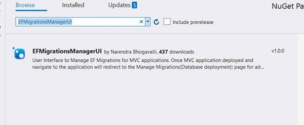 Searching for and adding the EFMigrationsManagerUI NuGet package