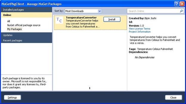 The "Manage NuGet Packages" dialog with NuGetPkgLib package selected