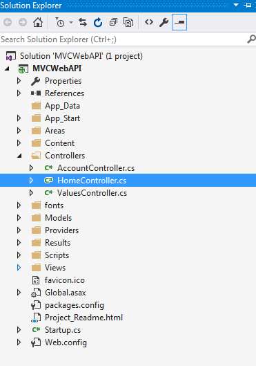 ASP.NET Solution Explorer—Home Controller