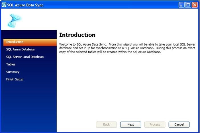 SQL Azure Data Sync Initial Wizard Screens