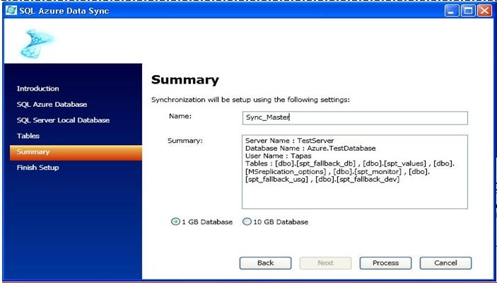 SQL Azure Data Sync:  Summary Screen for Providing Synchronization Job Name