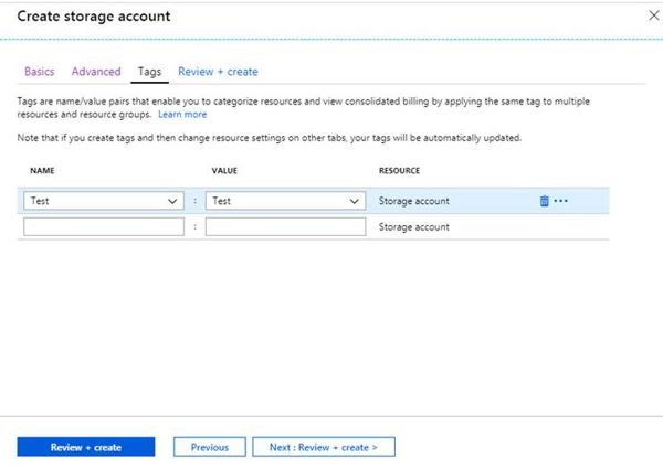 Create New Storage Account Tags Tab