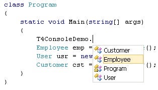 Visual Studio shows the classes generated via template in the IntelliSense