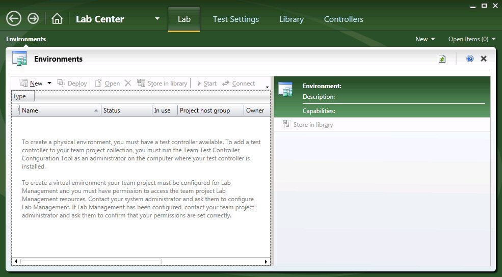 The Lab Management feature is managed mostly through the Test Manager application