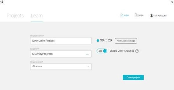 The Unity3D Create project dialogue