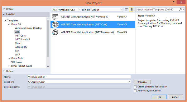 Creating a new ASP.NET Core Web application
