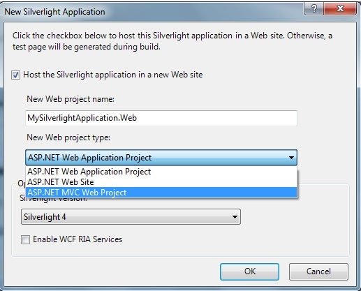 This screenshot shows where Select ASP.NET MVC Web Project as a host for the Silverlight application