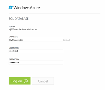 SQL Database Management Portal login screen