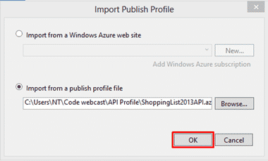 Import from a publish profile file