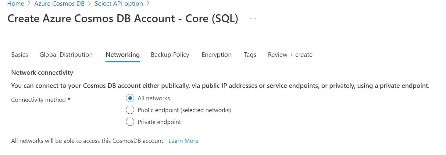 Azure CosmoDB Network Settings