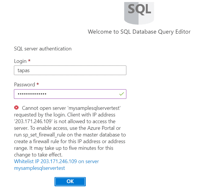 SQL Database Authentication Failed