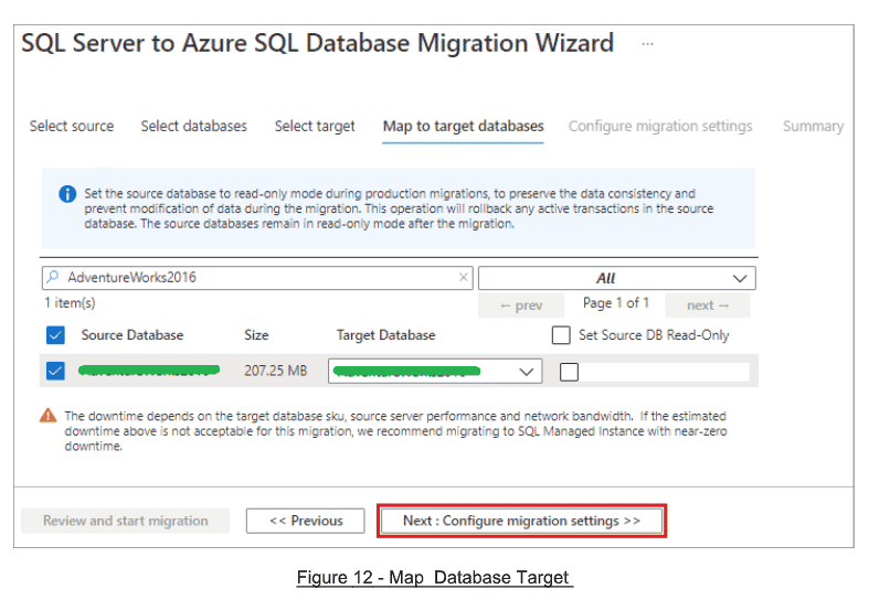 Mapping Database Target in Azure