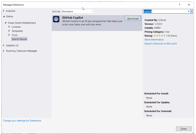 Visual Studio GitHub Copilot extension